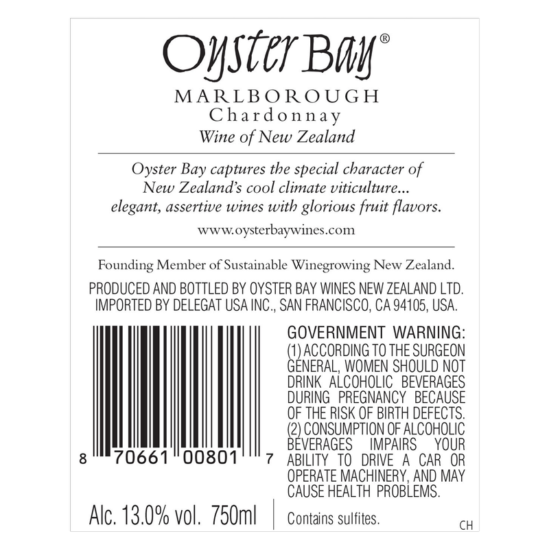 Oyster Bay Marlborough Chardonnay 750ml (13% ABV)